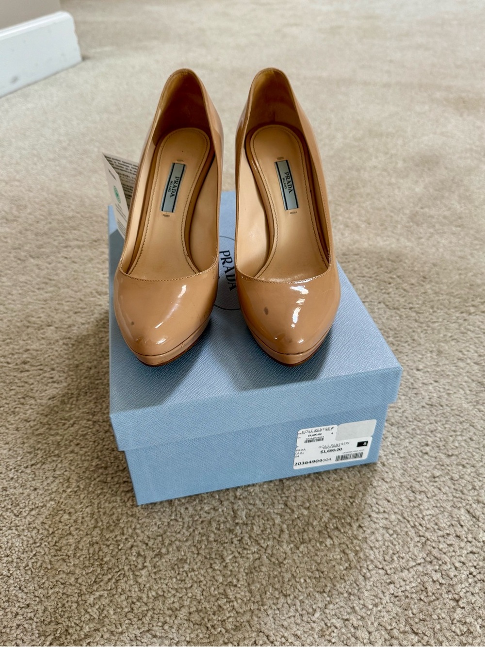 Prada Patent Leather Platform Pumps in Nude/Tan
